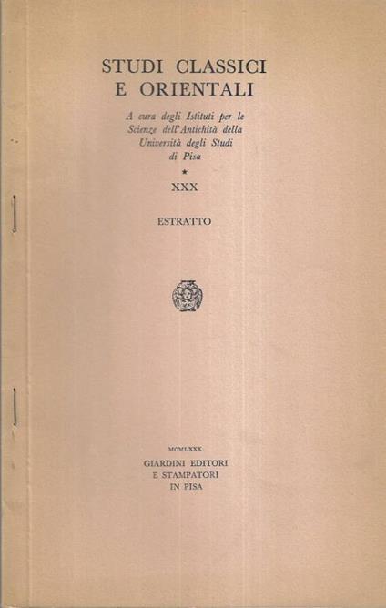 Studi classici e orientali Vol. XXX - copertina