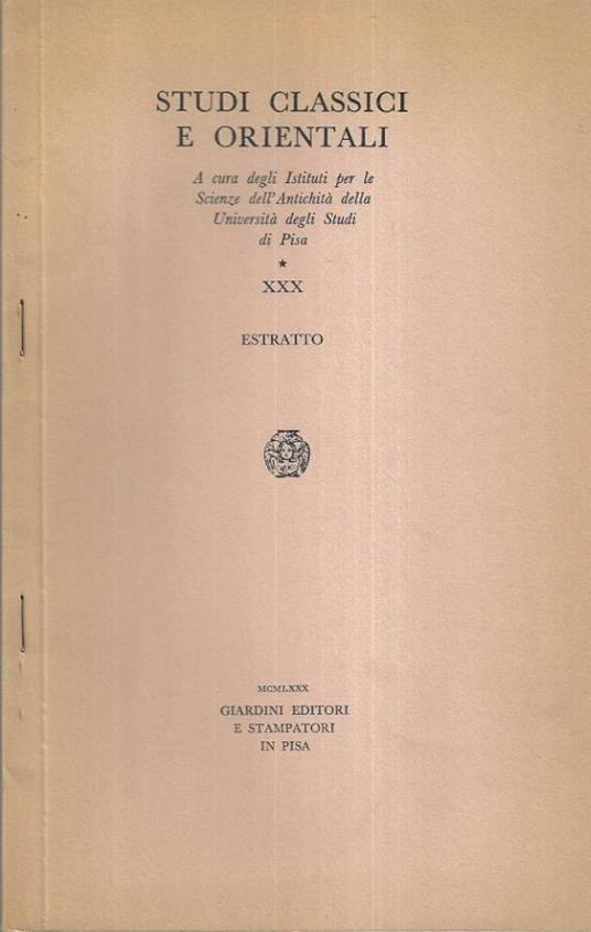 Studi classici e orientali Vol. XXX - copertina