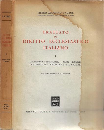 Trattato di Diritto Ecclesiastico Italiano. Vol. I: Introduz - copertina