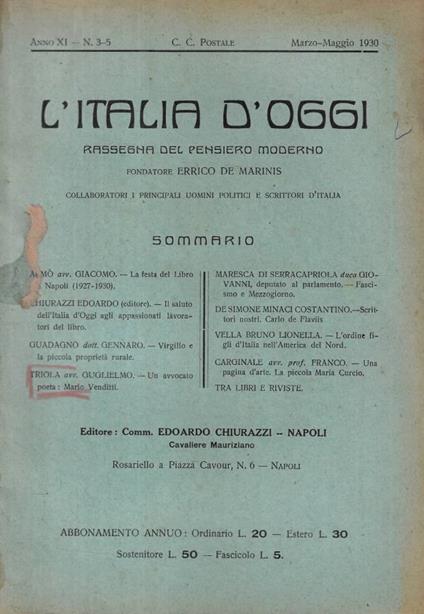 L'Italia d'oggi n. 3-5 Anno 1930 - copertina