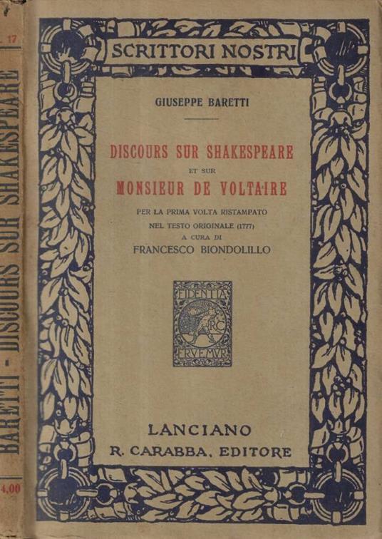 Discours sur Shakespeare et sur Monsieur De Voltaire - Giuseppe Baretti - copertina