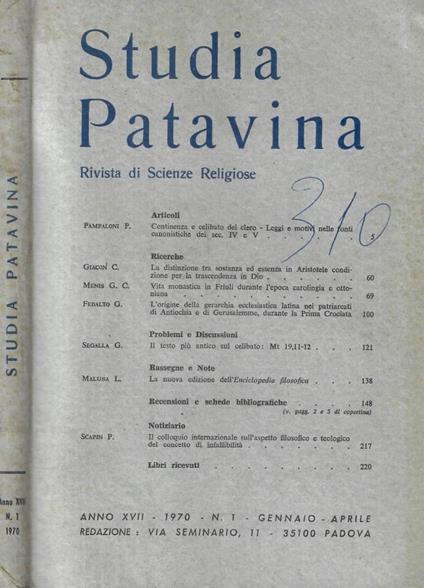 Studi Patavina n. 1 Anno 1970 - copertina