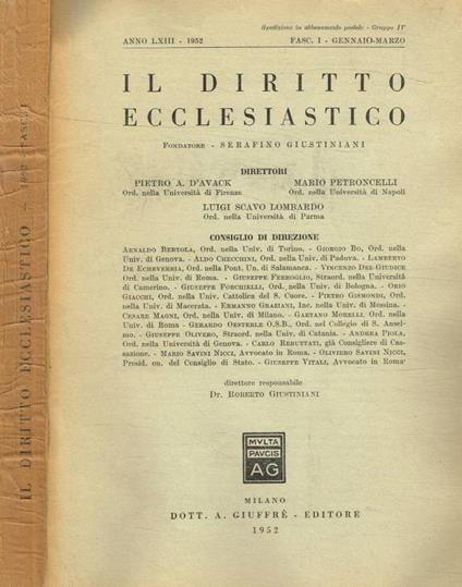 Il diritto ecclesiastico fasc.1, gennaio-marzo 1952 - copertina