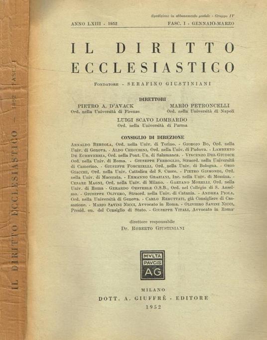 Il diritto ecclesiastico fasc.1, gennaio-marzo 1952 - copertina