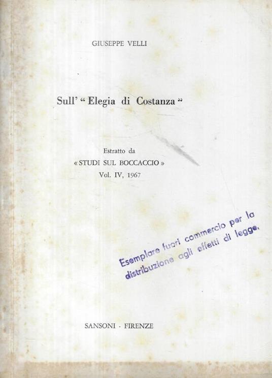 Sull'Elegia di Costanza - Giuseppe Velli - copertina