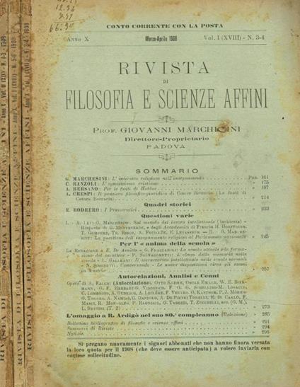 Rivista di filosofia e scienze affini n.3/4, 5/6, 1/3, 1908 - copertina