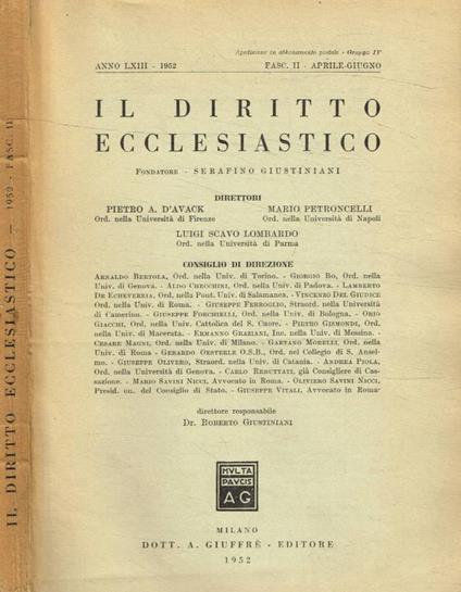 Il diritto ecclesiastico fasc.II, 1952 - copertina