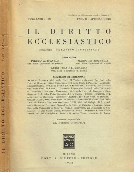 Il diritto ecclesiastico fasc.II, 1952 - copertina