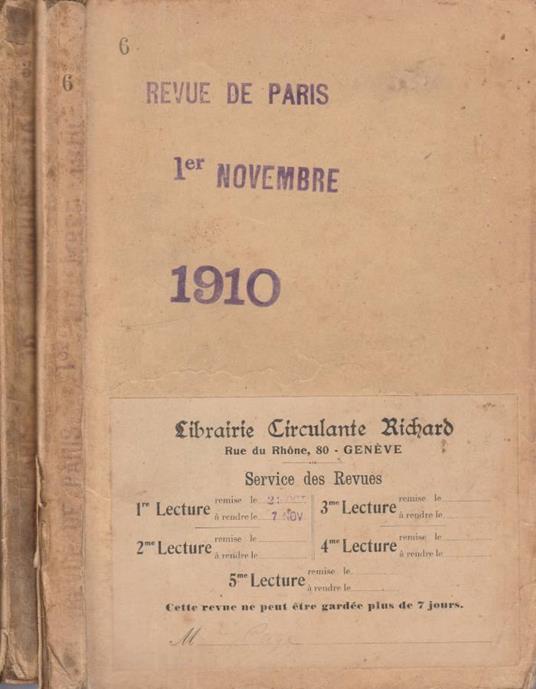La revue de Paris anno 17, n 21,22 1910 - copertina