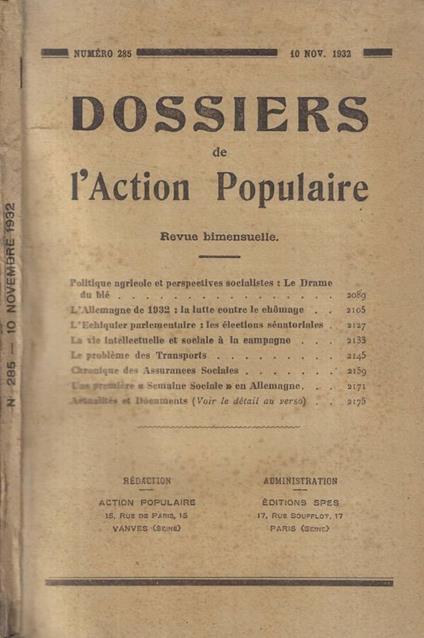 Dossiers de l'Action Populaire n. 285 Anno 1932 - copertina