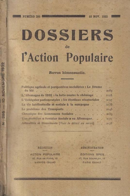 Dossiers de l'Action Populaire n. 285 Anno 1932 - copertina