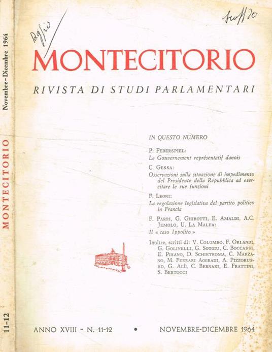 Montecitorio. Rivista di studi parlamentari n.11/12, 1964 - copertina