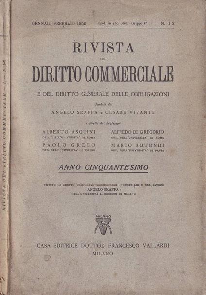 Rivista del diritto commerciale, n. 1-2, 1952 - copertina