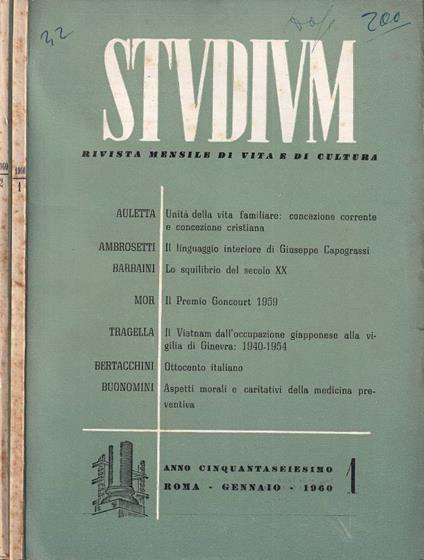 Studium, n. 1-2, anno LVI, 1960 - copertina