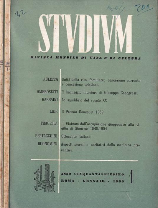 Studium, n. 1-2, anno LVI, 1960 - copertina