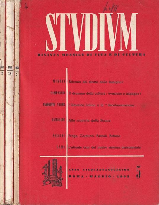 Studium, n. 5, 7-8, 12, anno LIX, 1963 - copertina