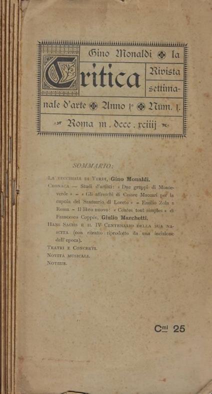 La Critica dal n. 1 al n. 7 Anno 1894 - copertina