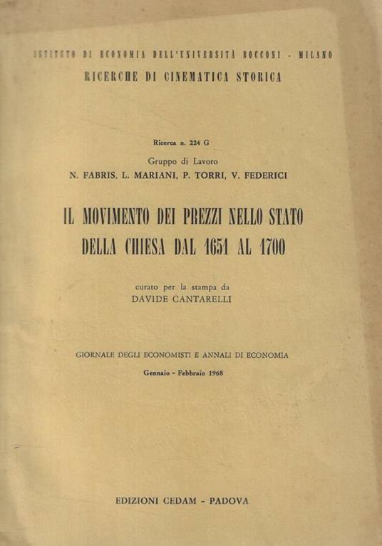 Il movimento dei prezzi nello stato della Chiesa dal 1651 al - copertina