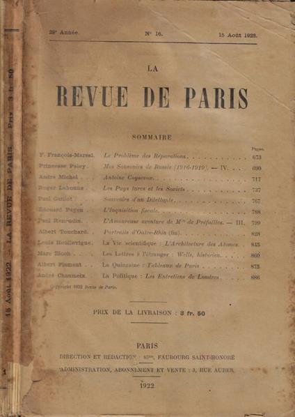 La Revue de Paris n. 16 Anno 1922 - copertina