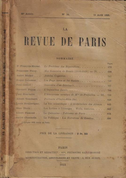La Revue de Paris n. 16 Anno 1922 - copertina