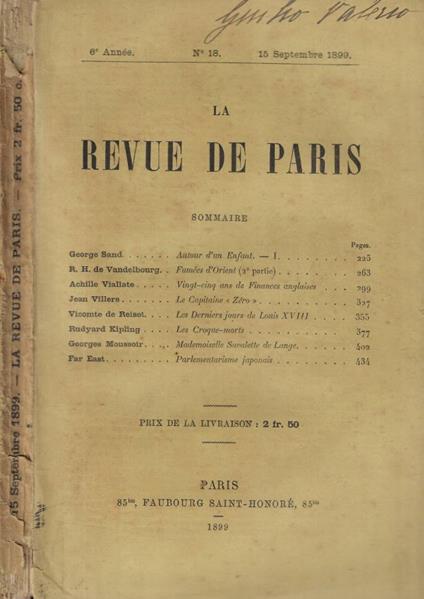 La Revue de Paris n. 18 Anno 1899 - copertina