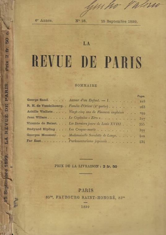 La Revue de Paris n. 18 Anno 1899 - copertina