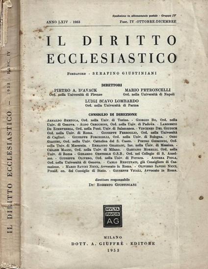 Il diritto ecclesiastico. Anno LXIV, 1953, Fasc. IV - Ottobr - copertina