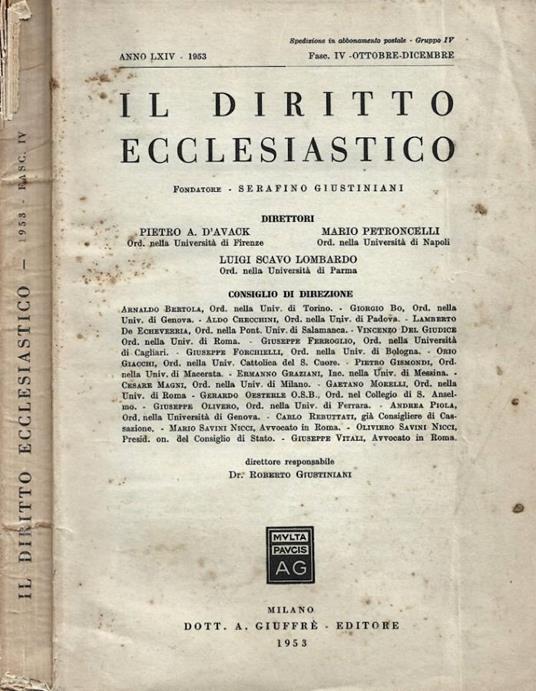 Il diritto ecclesiastico. Anno LXIV, 1953, Fasc. IV - Ottobr - copertina
