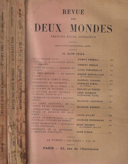 Revue des Deux Mondes 3 numeri Anno 1924 - copertina