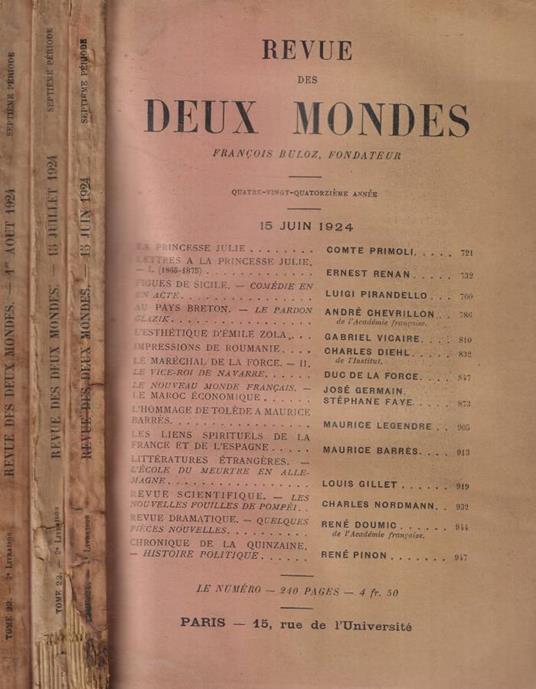 Revue des Deux Mondes 3 numeri Anno 1924 - copertina