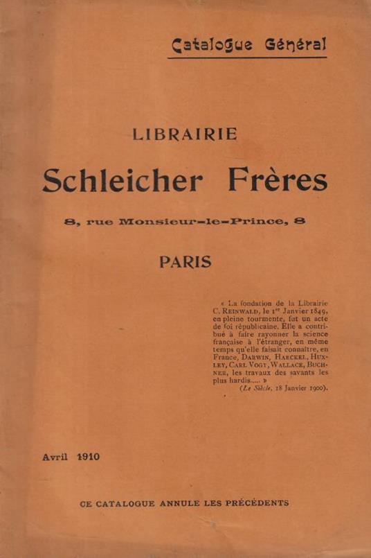 Catalogue Général Librairie Schleicher Frères - copertina