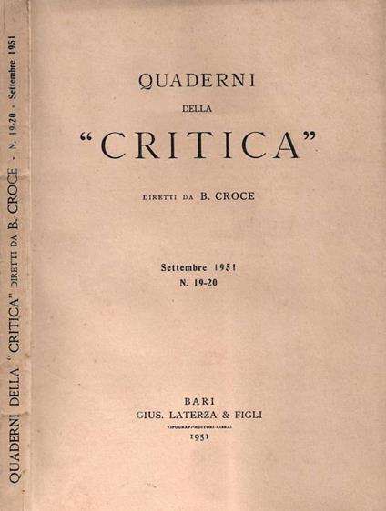 Quaderni della "Critica" diretti da B. Croce. Settembre 1951 - copertina