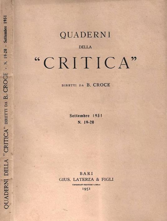 Quaderni della "Critica" diretti da B. Croce. Settembre 1951 - copertina