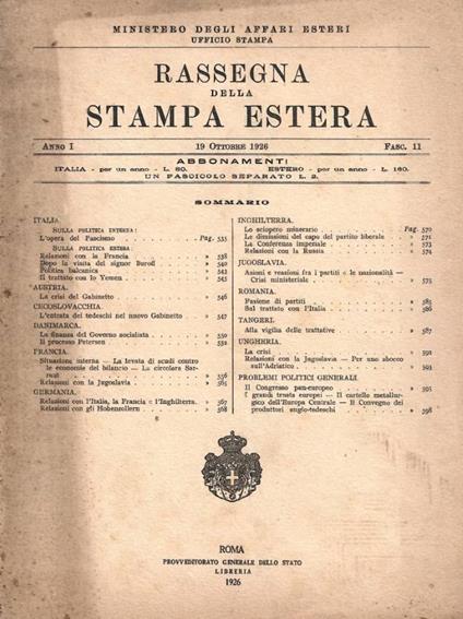 Rassegna della stampa estera. Anno I, 19 Ottobre 1926 - Fasc - copertina