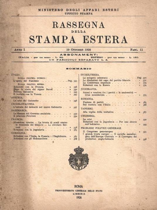Rassegna della stampa estera. Anno I, 19 Ottobre 1926 - Fasc - copertina
