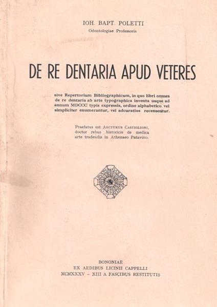 De re dentaria apud veteres sive Repertorium Bibliographicum - copertina