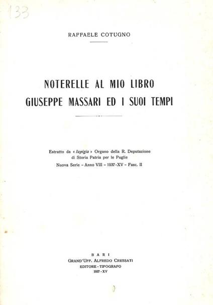 Noterelle al mio libro Giuseppe Massari ed i suoi tempi. Est - Raffaele Cotugno - copertina