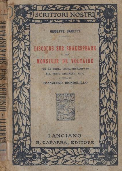 Discours sur Shakespeare et sur Monsieur De Voltaire - Giuseppe Baretti - copertina