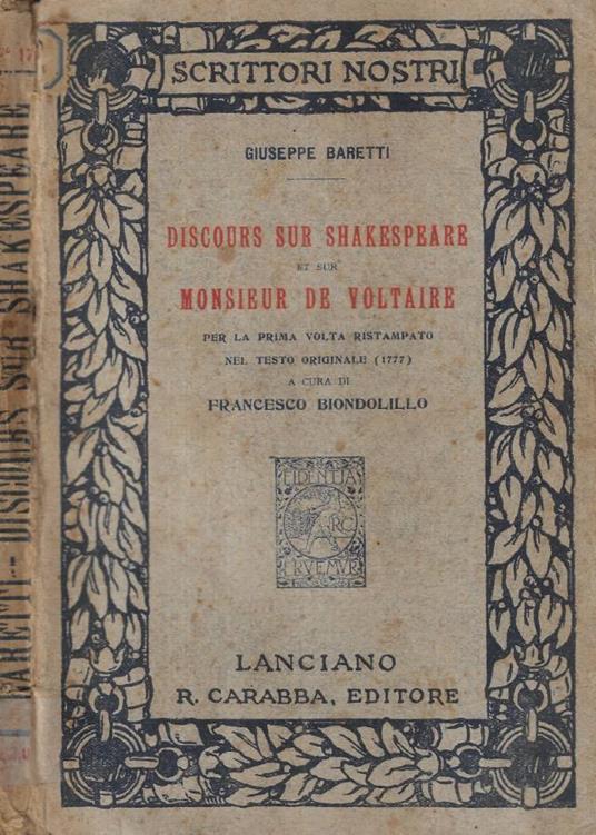Discours sur Shakespeare et sur Monsieur De Voltaire - Giuseppe Baretti - copertina