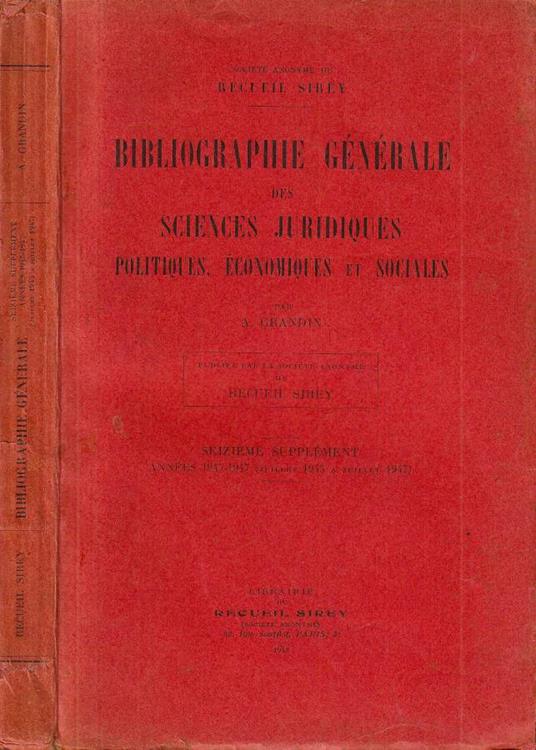 Bibliographie générale des sciences juridiques politiques, économiques et sociales, suppl - copertina