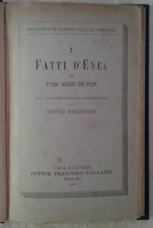 I Fatti D'Enea. Con Introduzione E Commento Di Antonio Marenduzzo - copertina