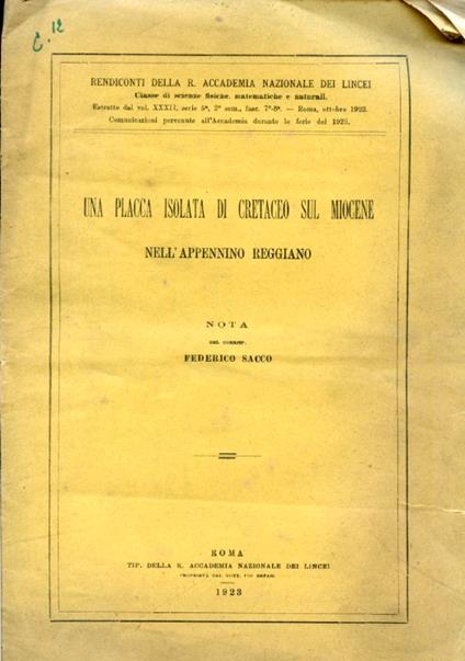 Una placca isolata di cretaceo sul Miocene nell'Appennino reggiano - Federico Sacco - copertina
