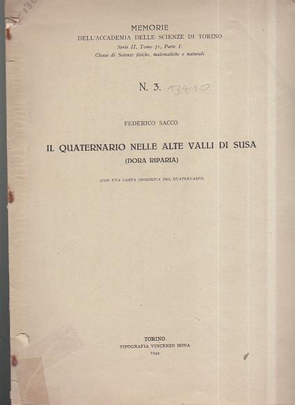 Il Quaternario nelle Alte Valli di Susa (Dora Riparia) - Federico Sacco - copertina