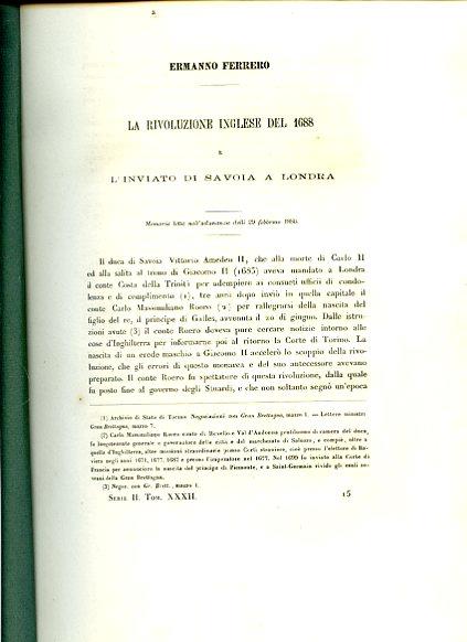 La Rivoluzione Inglese del 1688 e l'inviato di Savoia a Londra. Memoria letta nell'adunanza delli 29 febbraio 1880 - Ermanno Ferrero - copertina