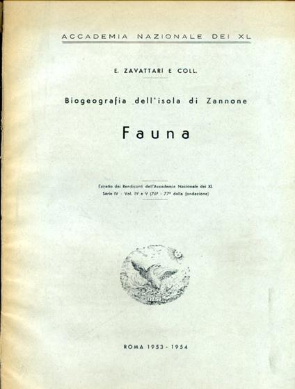 Biogeografia dell'isola di Zannone. Fauna. Estratto dai Rendiconti dell'Accademia Nazionale dei XL. Serie IV - Vol. IV e V (76° e 77° dalla fondazione) - Edoardo Zavattari - copertina