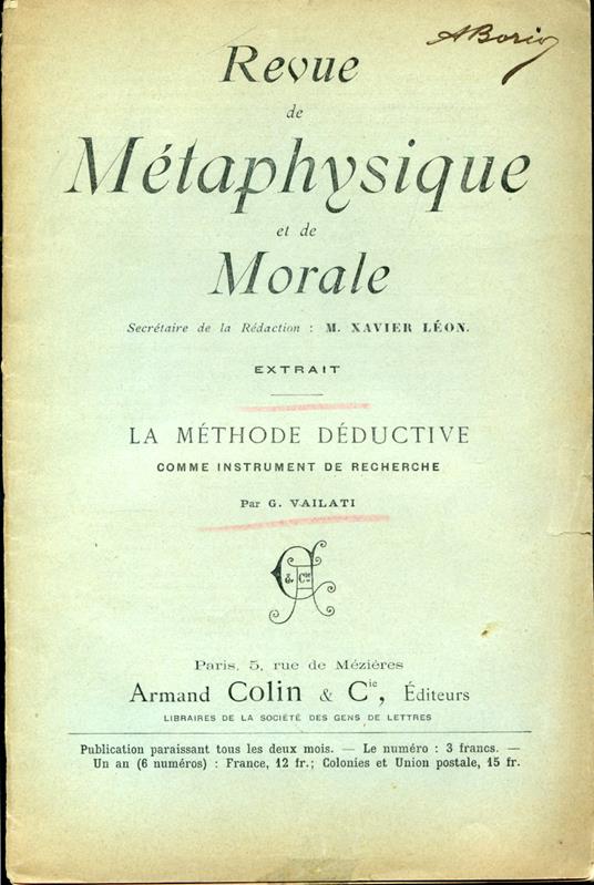 La méthode deductive comme instrument de recherche. Revue de Métaphysique et de Morale. Extrait - Giovanni Vailati - copertina