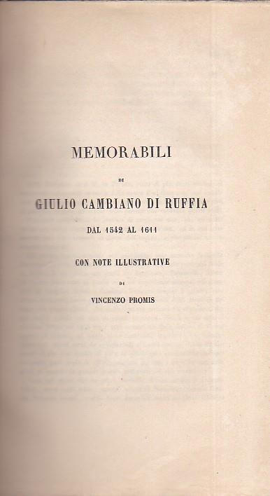 Memorabili dal 1542 al 1611. Con note illustrative di Vincenzo Promis - Giulio Cambiano di Ruffia - copertina