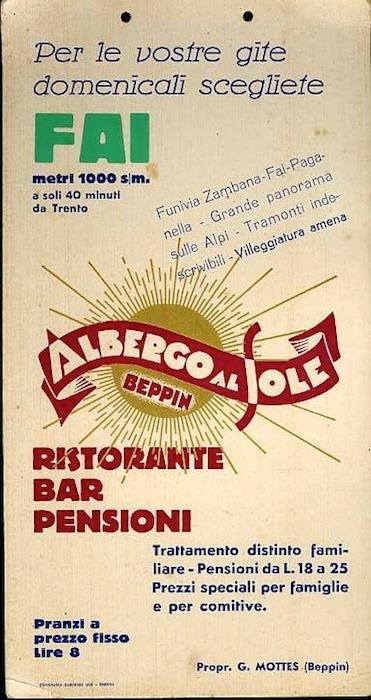 Per le vostre gite domenicali scegliete Fai: metri 1000s/m: albergo al sole Beppin: ristorante, bar, pensioni - copertina
