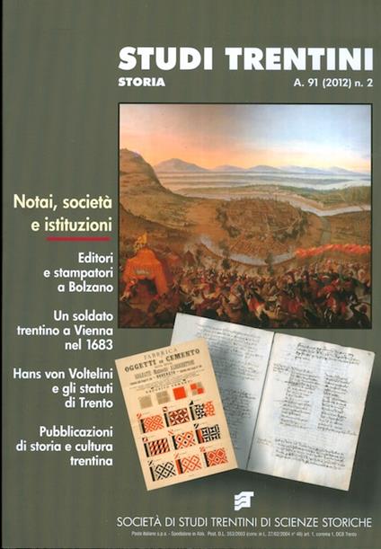 Studi trentini storia: Notai, società e istituzioni. A. 91 (2012) n.2 - copertina