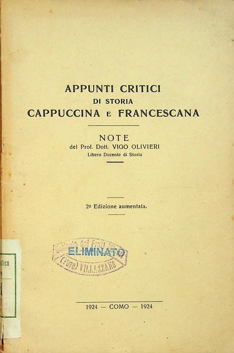 Appunti critici di storia cappuccina e francescana. 2. ed. aum - copertina